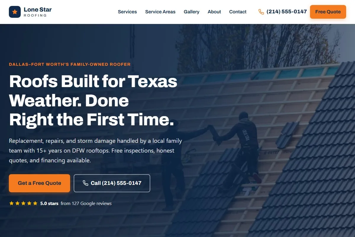 Concept website design for Lone Star Roofing, a roofing business in Dallas, TX